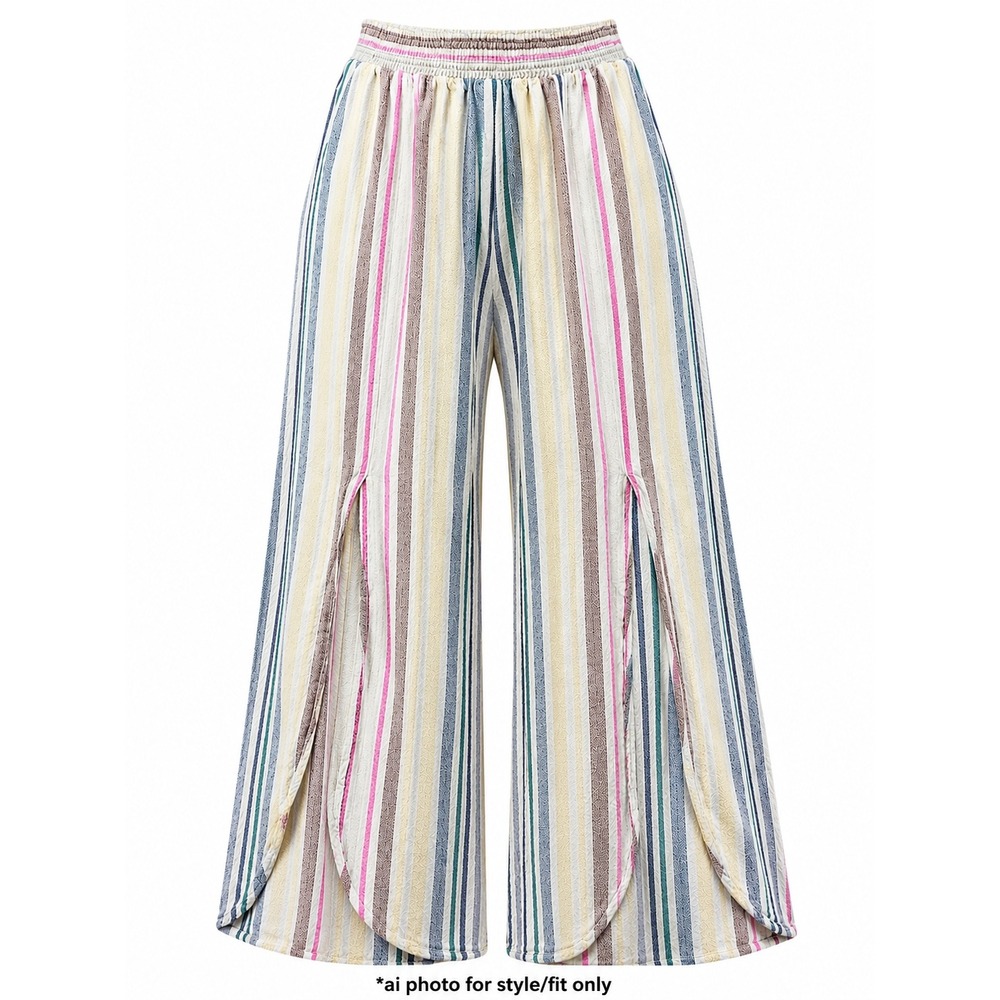 Land 'N Sea Wide Leg Linen Blend Pants Women's Large Striped Pull On Beach